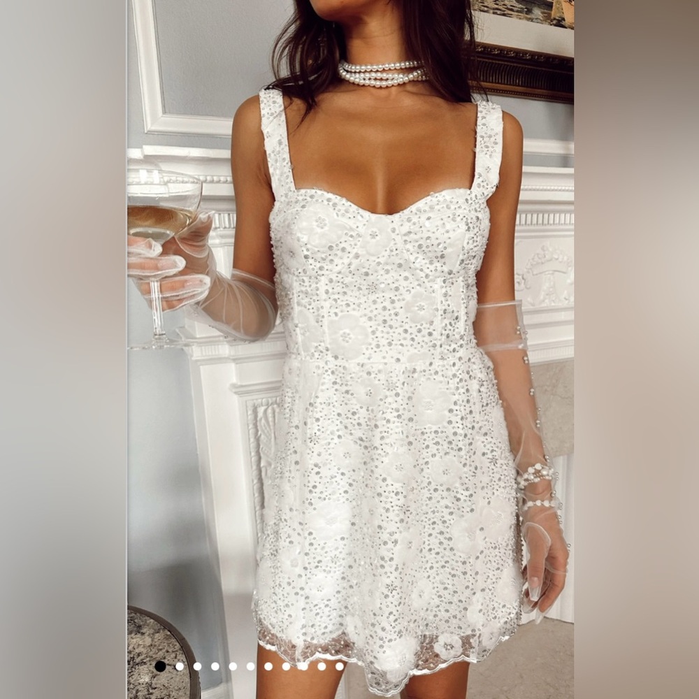 Show Me Your MuMu White Beaded Floral Mini Dress